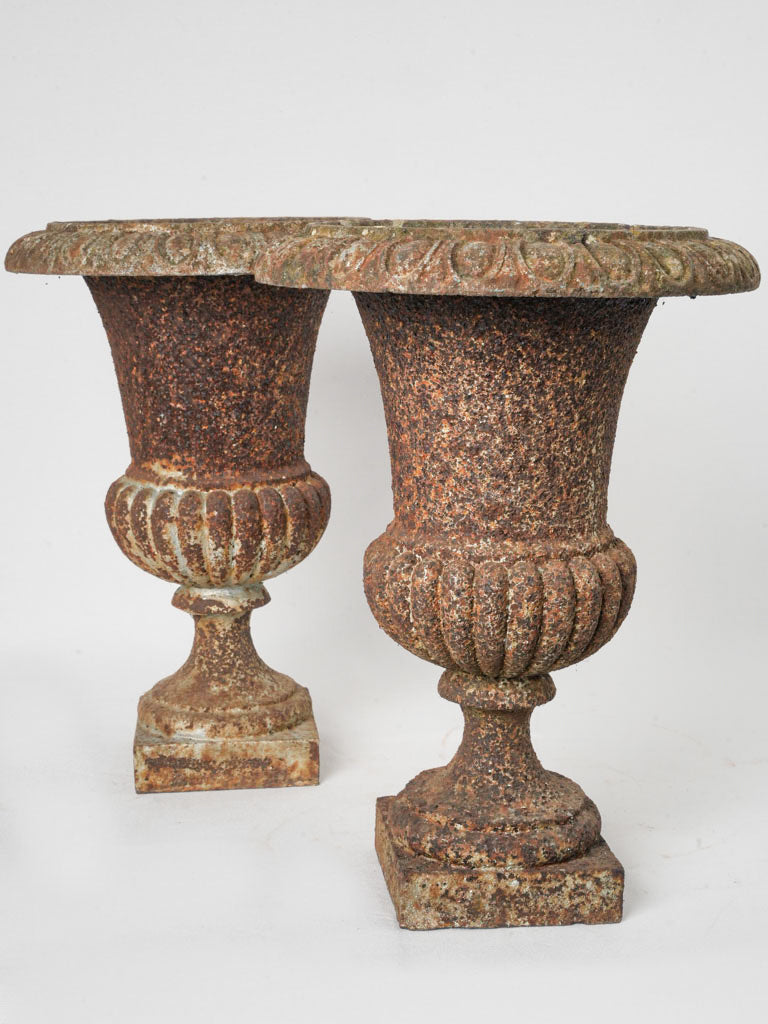 Pair of Late 19th-Century Cast Iron Medici Urns with Rust Patina - 17"