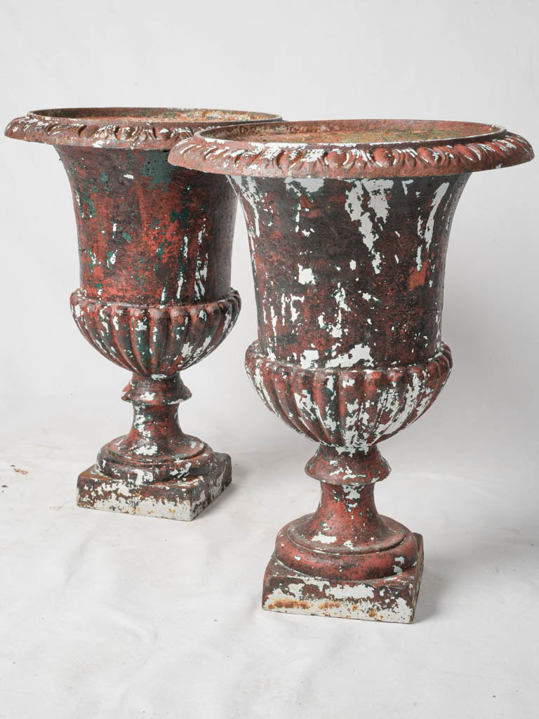 Late 19th-Century Cast-Iron Medici Urns In Distressed Red Paint - 21¼"