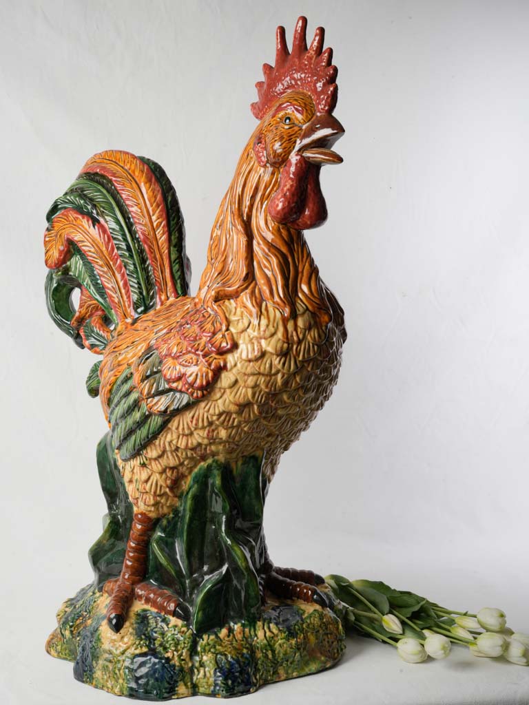 Antique vibrant ceramic rooster sculpture