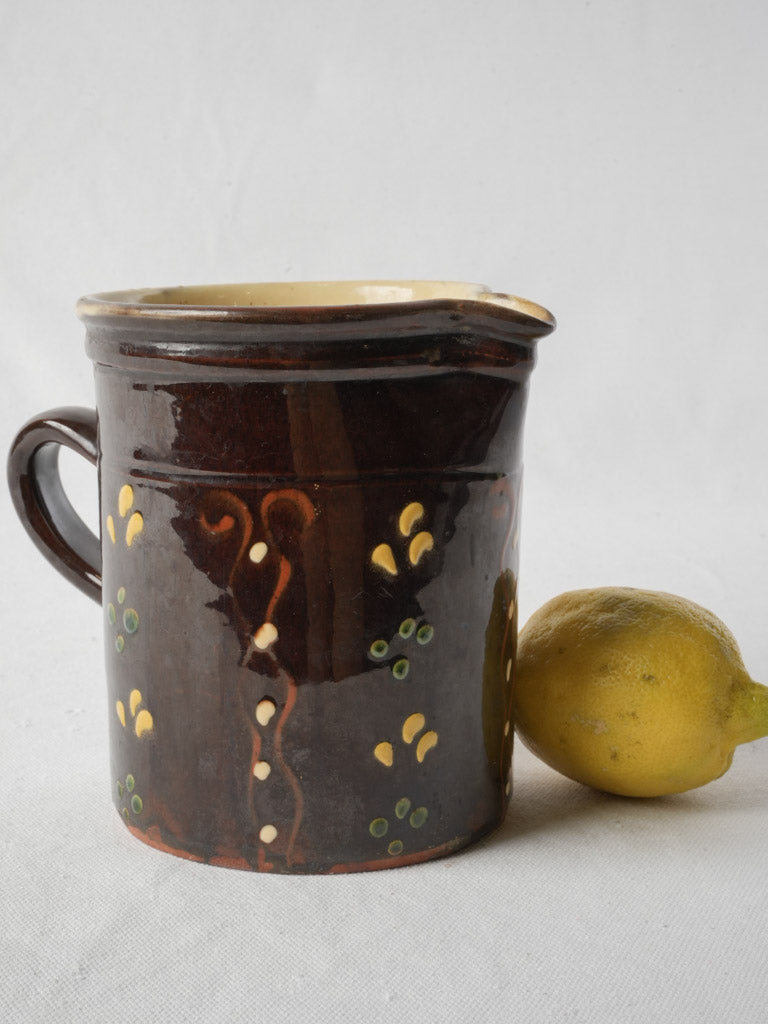 Antique Savoyard Pitcher w/ Chocolate-Colored Glaze and Hand-Painted Decoration - 6¾"
