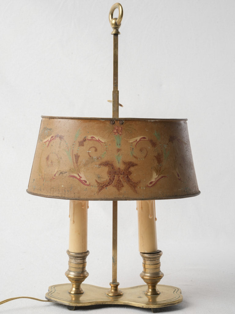 Petite 19th-Century French Bouillotte-Style Brass Lamp w/ Painted Tole Shade - 16½"