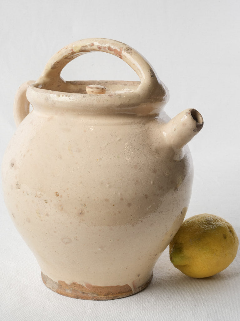 Antique Ivory-Glazed Provencal Terracotta Water Jug w/ Lid - 11"