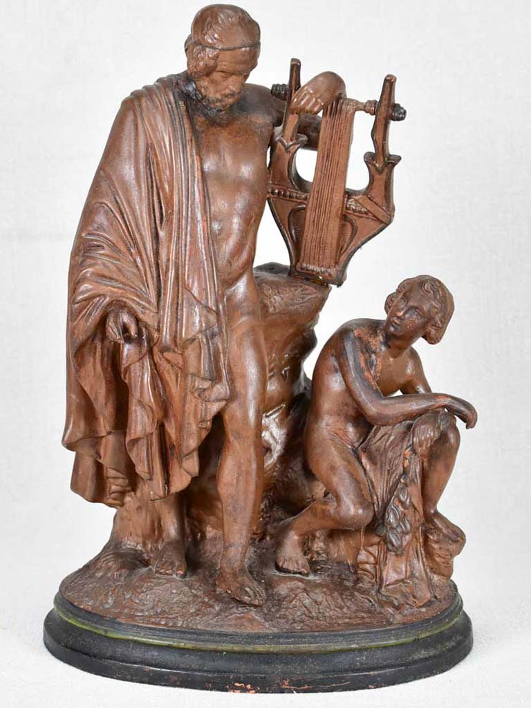 Antique French sculpture - music lesson with a lyre harp 15¼"
